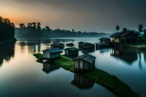 un río con varios pequeño casas en él. generado por ai foto