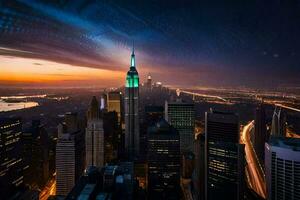 the empire state building is lit up at sunset. AI-Generated photo