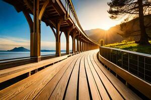a wooden bridge over a lake with the sun setting. AI-Generated photo