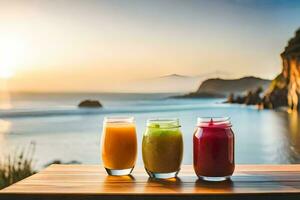 three glasses of juice on a table overlooking the ocean. AI-Generated photo