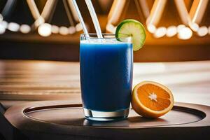 blue drink with orange slices on a wooden tray. AI-Generated photo