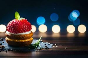 a strawberry dessert with cream and berries on a wooden table. AI-Generated photo