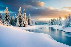 a snowy river in the winter. AI-Generated photo