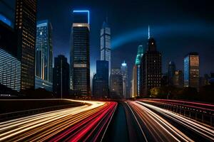 a city at night with light trails on the road. AI-Generated photo