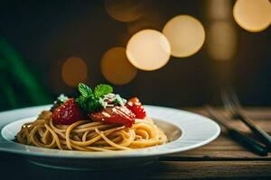 spaghetti with strawberries and mint on a plate. AI-Generated photo