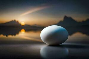 a white ball sits on the ground in front of a lake. AI-Generated photo