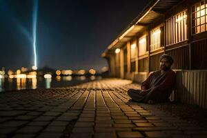 un hombre sentado en el acera a noche por el agua. generado por ai foto