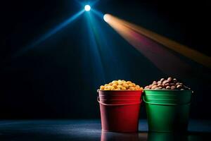 two buckets of popcorn on a dark table. AI-Generated photo