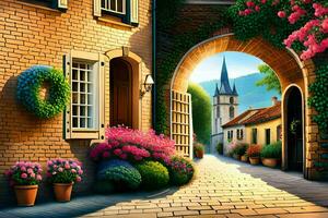 an old town street with flowers and a church. AI-Generated photo