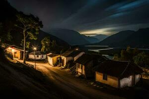 un pueblo a noche con un montaña en el antecedentes. generado por ai foto