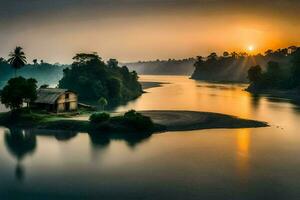 a house sits on an island in the middle of a river. AI-Generated photo