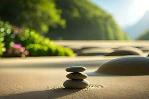a stack of stones on the beach. AI-Generated photo