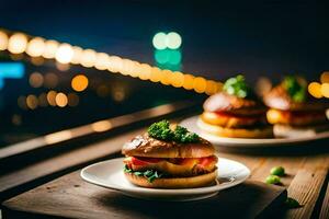 two hamburgers on a wooden table with lights in the background. AI-Generated photo