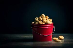 a red bucket filled with peanuts on a dark table. AI-Generated photo