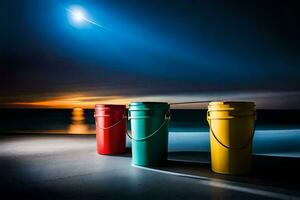three colorful buckets sit on the beach at night. AI-Generated photo