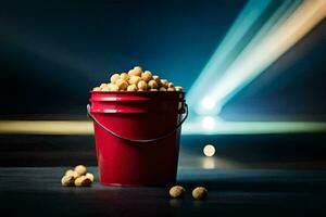 a bucket of peanuts on a table with a spotlight. AI-Generated photo