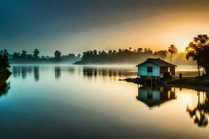 a small house sits on the shore of a lake at sunrise. AI-Generated photo