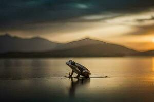 un rana sentado en el agua a puesta de sol. generado por ai foto