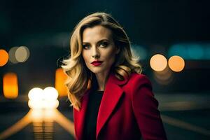 a beautiful woman in red jacket standing in front of a city street. AI-Generated photo