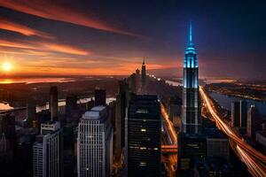 the empire state building is lit up at sunset. AI-Generated photo