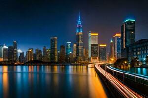 the city skyline at night with lights on the buildings. AI-Generated photo