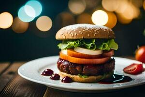 a hamburger with lettuce, tomato and cheese on a white plate. AI-Generated photo