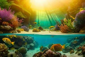 the sun shines over a coral reef and fish. AI-Generated photo