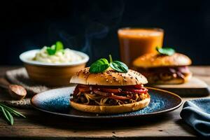 two buns with meat and vegetables on a plate. AI-Generated photo