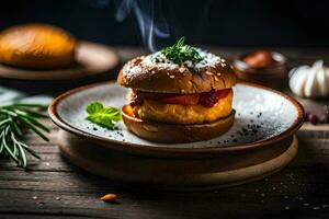 a hamburger with cheese and herbs on a plate. AI-Generated photo