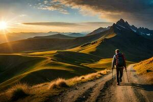 un hombre con mochila caminando en un suciedad la carretera en el montañas. generado por ai foto