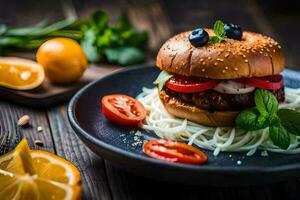 a hamburger with tomatoes, blueberries and cheese on a plate. AI-Generated photo