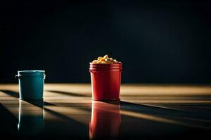 two containers of popcorn on a table. AI-Generated photo