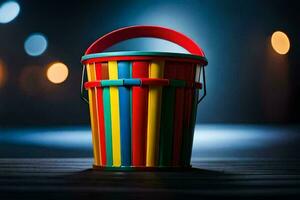 a colorful bucket with a handle on a dark background. AI-Generated photo