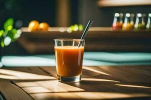 a glass of orange juice on a wooden table. AI-Generated photo