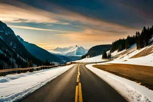 a road in the mountains with snow and trees. AI-Generated photo