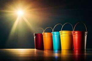 colorful buckets on a dark background. AI-Generated photo