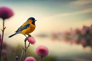 a bird is perched on a flower stem near a lake. AI-Generated photo