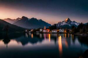 un lago y montañas a puesta de sol. generado por ai foto