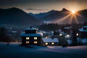 a small house in the snow with the sun setting behind it. AI-Generated photo