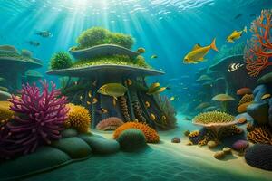 an underwater scene with coral reefs and fish. AI-Generated photo