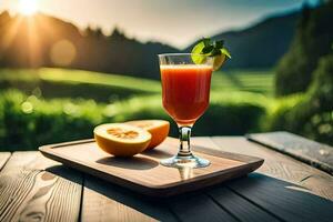 a glass of orange juice on a wooden table. AI-Generated photo