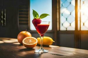 a strawberry cocktail with a slice of lemon and a strawberry. AI-Generated photo