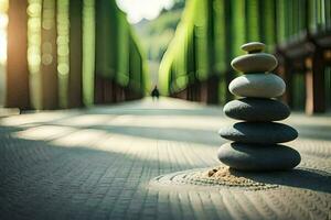 a stack of rocks sitting on the ground in front of a bridge. AI-Generated photo