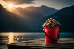 un Cubeta de nueces en un de madera mesa en frente de un lago. generado por ai foto