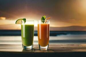 two drinks with fruit and vegetables on a table. AI-Generated photo