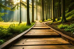 wooden path in the forest. AI-Generated photo