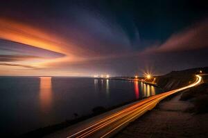 a long exposure photograph of a road and ocean at night. AI-Generated photo