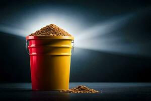 a bucket of sand on a dark table. AI-Generated photo