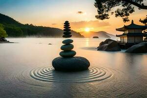 a stack of rocks in the water at sunset. AI-Generated photo