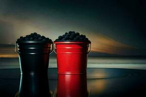 two buckets of coal sit on a table with a dark sky. AI-Generated photo